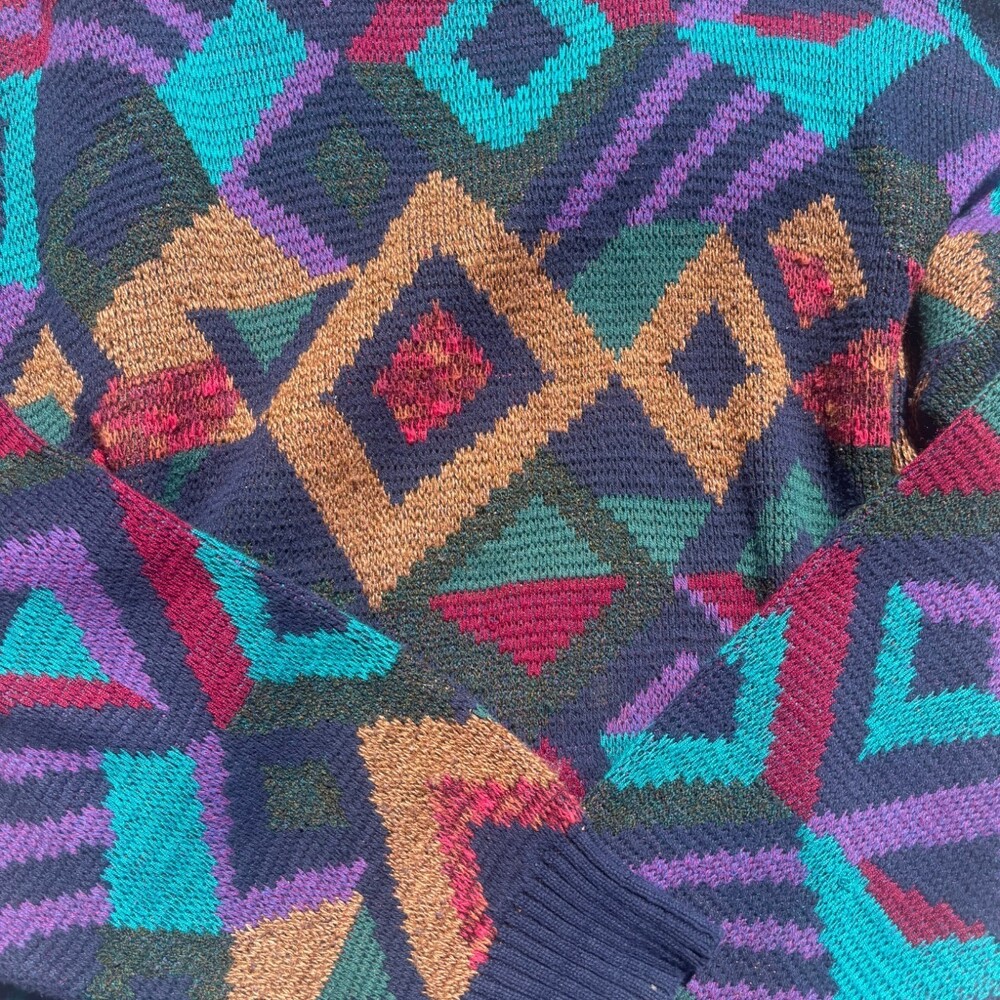 TSR Vintage 90s Abstract Geometric Crewneck Sweater Navy Multicolor USA Made M - Picture 6 of 10